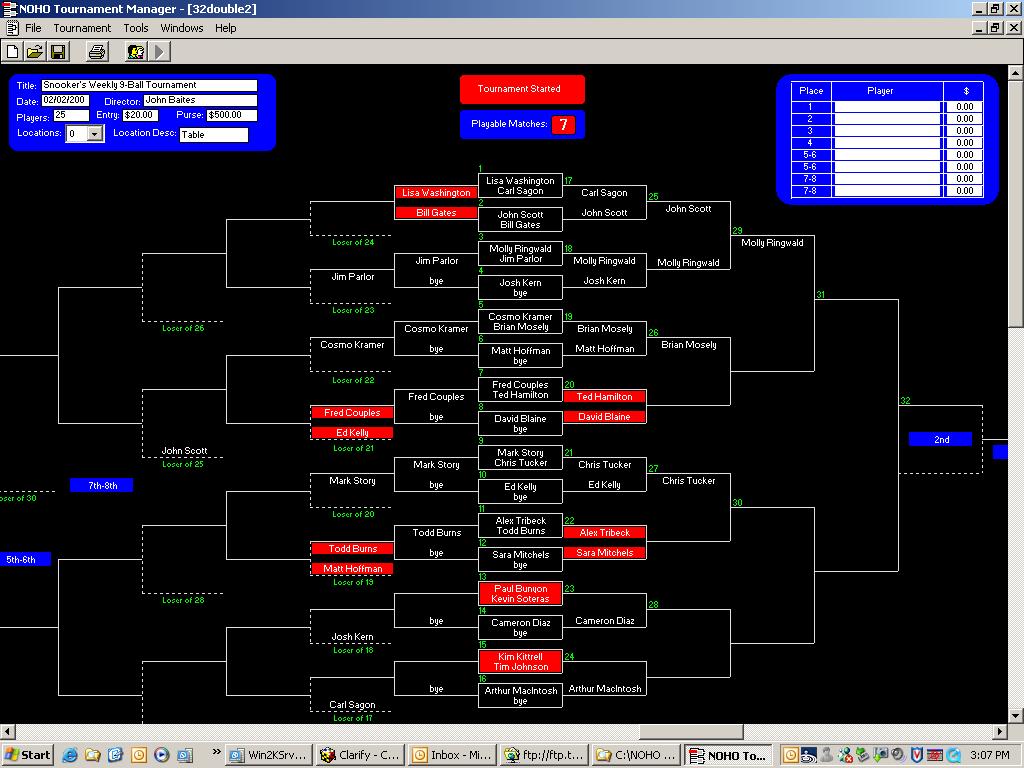 Manages single and double elimination tournaments for up to 128 participants.